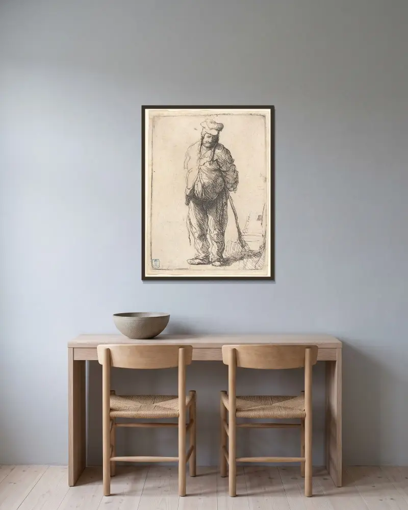 Trasig bonde med händerna på ryggen, hållande en käpp av Rembrandt van Rijn inramad på en vägg