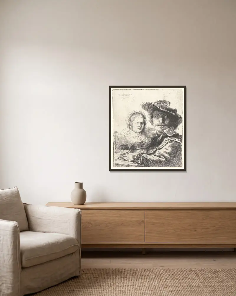 Rembrandt och hans hustru Saskia av Rembrandt van Rijn inramad på en vägg