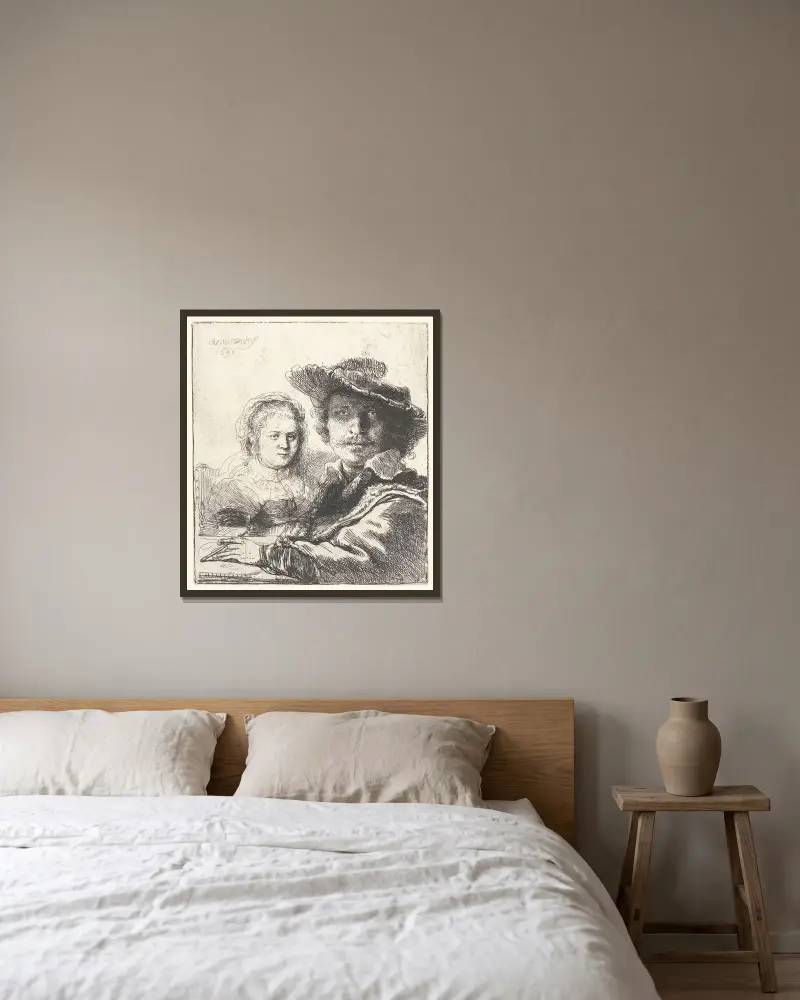 Rembrandt och hans hustru Saskia av Rembrandt van Rijn inramad på en vägg