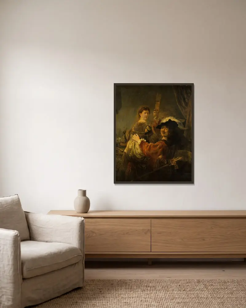 Rembrandt und Saskia in der Szene vom verlorenen Sohn von Rembrandt van Rijn gerahmt an einer Wand