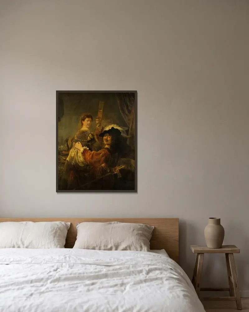 Rembrandt und Saskia in der Szene vom verlorenen Sohn von Rembrandt van Rijn gerahmt an einer Wand