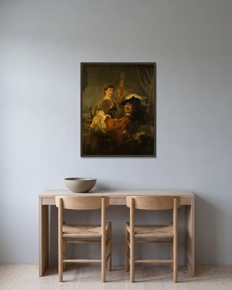 Rembrandt und Saskia in der Szene vom verlorenen Sohn von Rembrandt van Rijn gerahmt an einer Wand