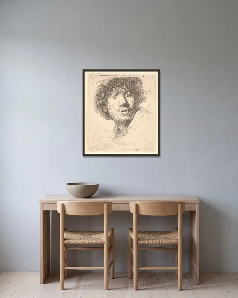 Rembrandt med mössa, öppen mun och stirrande blick; bröstbild i kontur av Rembrandt van Rijn inramad på en vägg