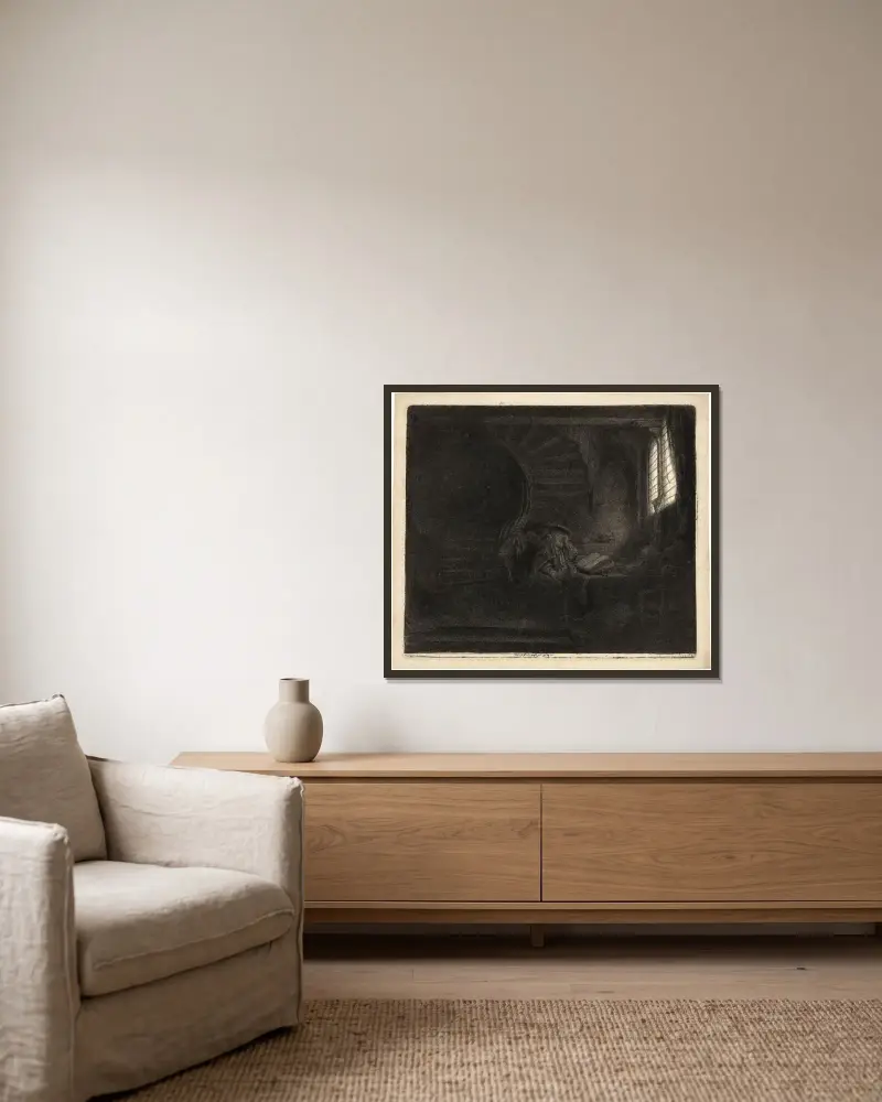 Der heilige Hieronymus in einem dunklen Raum von Rembrandt van Rijn gerahmt an einer Wand