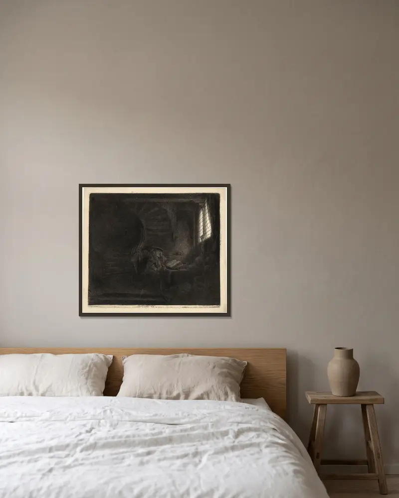 Der heilige Hieronymus in einem dunklen Raum von Rembrandt van Rijn gerahmt an einer Wand