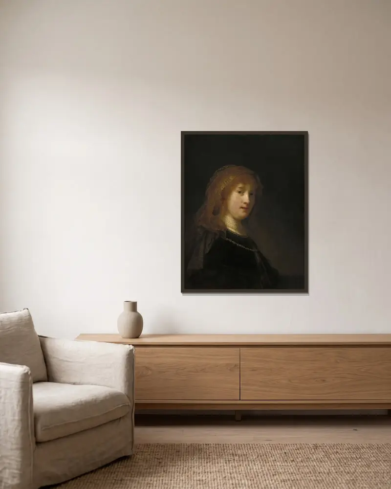 Saskia van Uylenburgh, konstnärens hustru (troligen påbörjad 1634-1635 och avslutad 1638-1640) av Rembrandt van Rijn inramad på en vägg