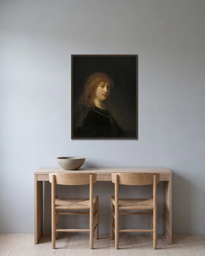 Saskia van Uylenburgh, konstnärens hustru (troligen påbörjad 1634-1635 och avslutad 1638-1640) av Rembrandt van Rijn inramad på en vägg