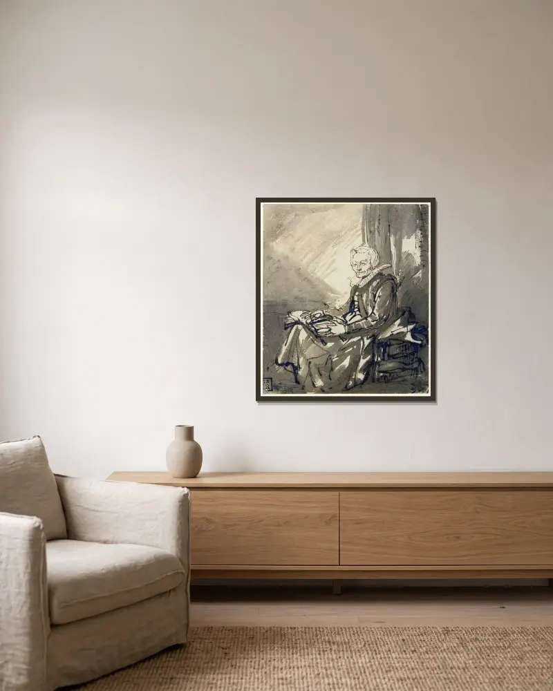 Sittande kvinna med en öppen bok i knät av Rembrandt van Rijn inramad på en vägg