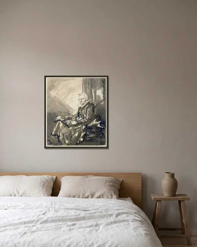 Sittande kvinna med en öppen bok i knät av Rembrandt van Rijn inramad på en vägg