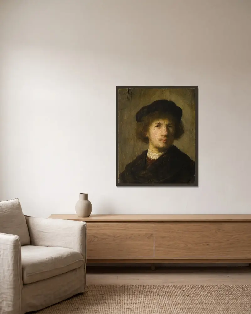 Selbstbildnis, 1630 von Rembrandt van Rijn gerahmt an einer Wand