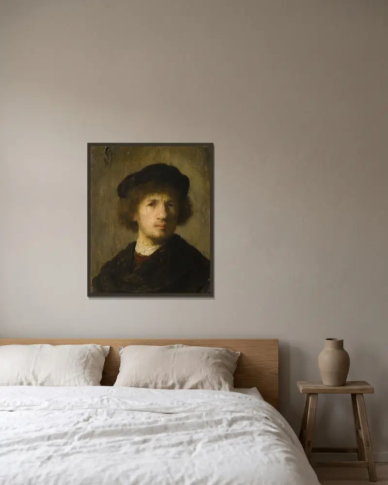Selbstbildnis, 1630 von Rembrandt van Rijn gerahmt an einer Wand