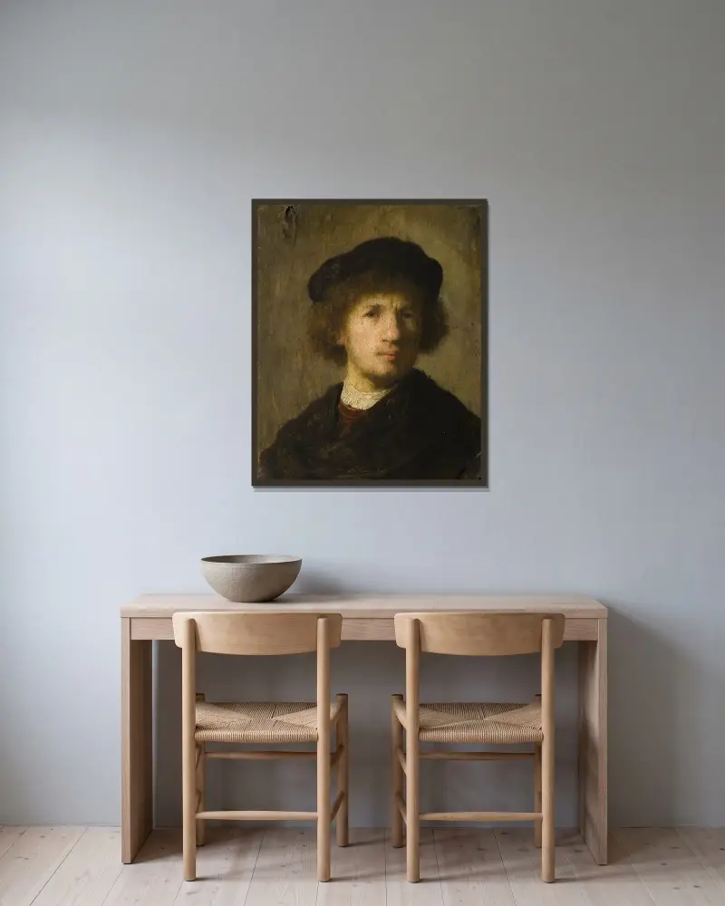 Selbstbildnis, 1630 von Rembrandt van Rijn gerahmt an einer Wand