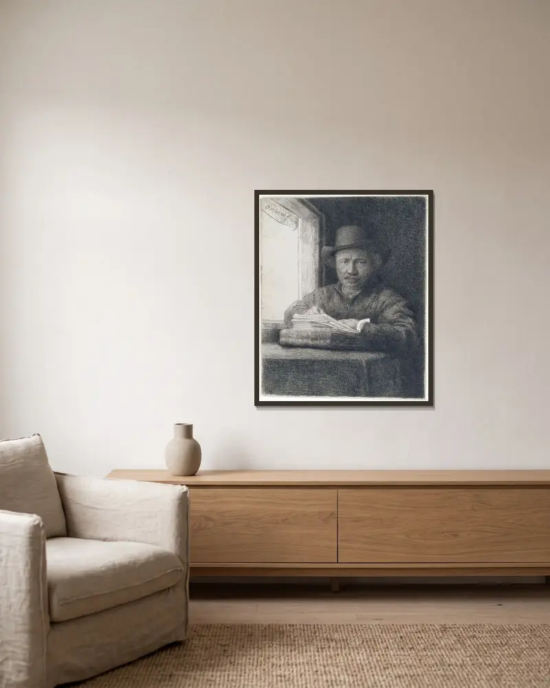 Autoportret, akwaforta przy oknie, Rembrandt van Rijn w ramie na ścianie