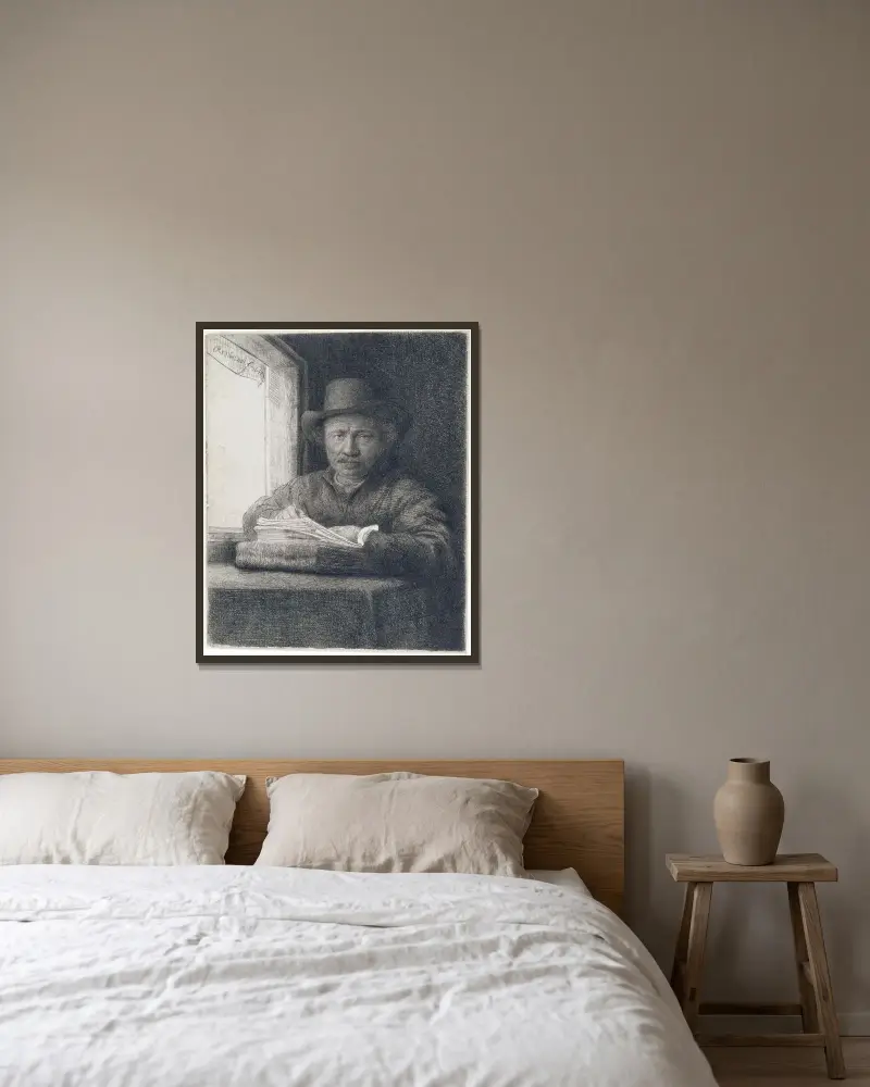 Autoportret, akwaforta przy oknie, Rembrandt van Rijn w ramie na ścianie