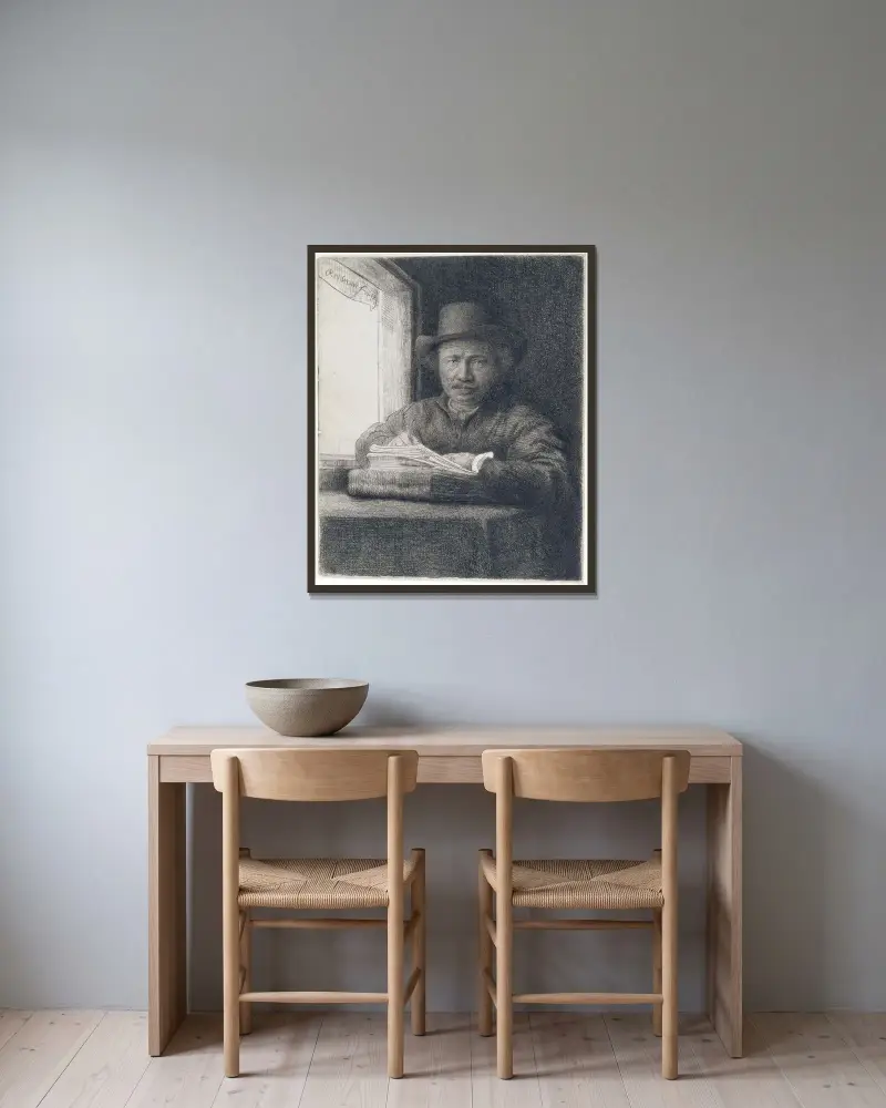 Autoportret, akwaforta przy oknie, Rembrandt van Rijn w ramie na ścianie