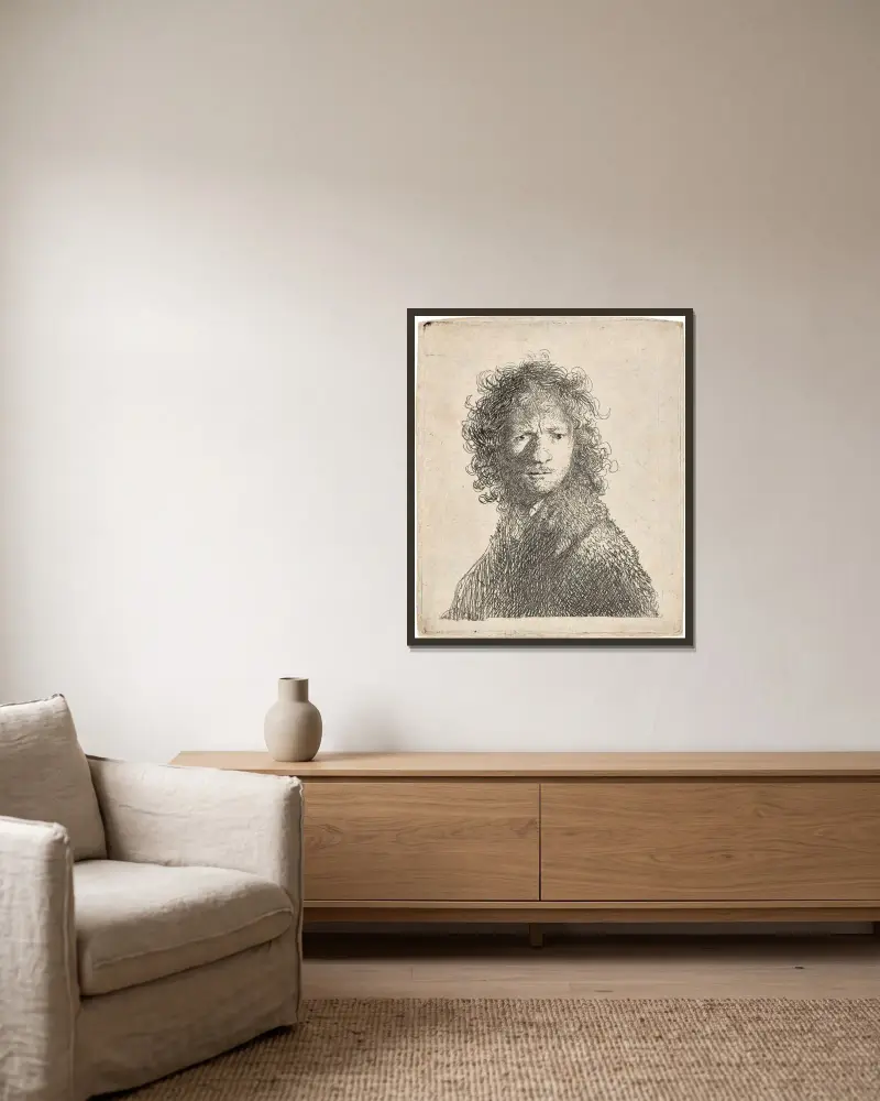 Self-Portrait, frowning: Bust av Rembrandt van Rijn inramad på en vägg