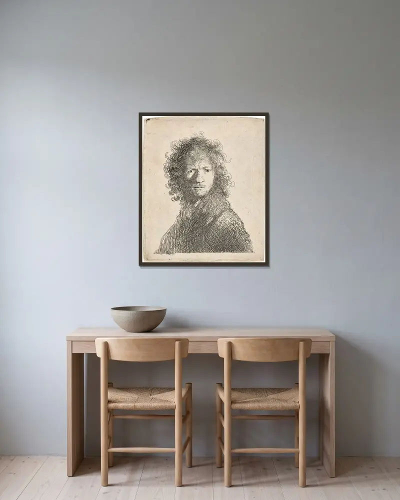 Self-Portrait, frowning: Bust av Rembrandt van Rijn inramad på en vägg