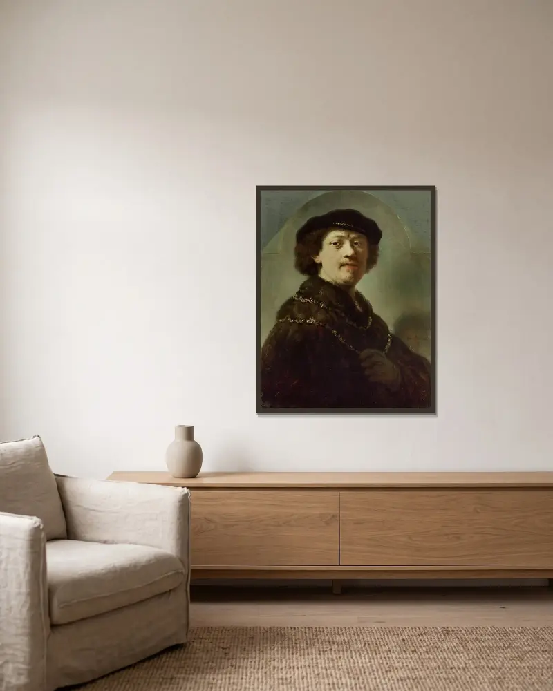 Self-Portrait in a Black Cap av Rembrandt van Rijn inramad på en vägg