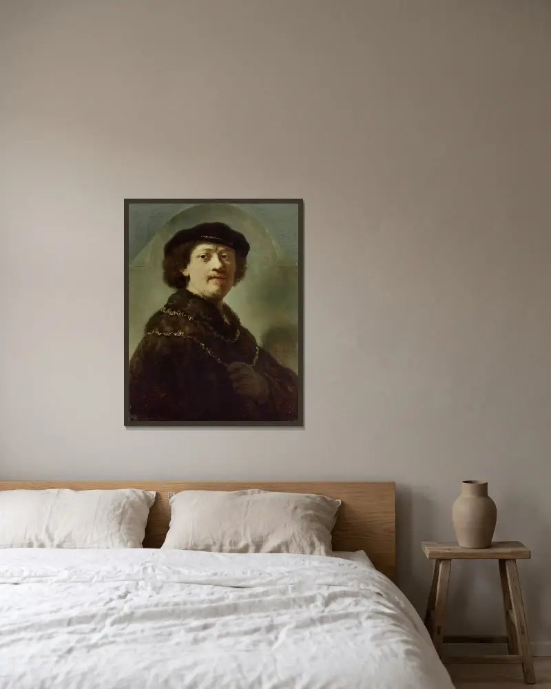 Self-Portrait in a Black Cap av Rembrandt van Rijn inramad på en vägg