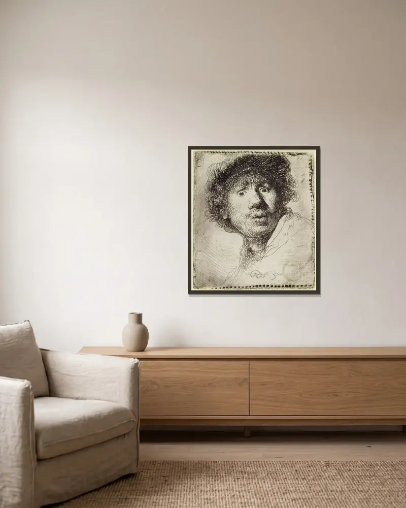 Självporträtt med mössa, uppspärrade ögon och öppen mun, 1630 – nr 1 av Rembrandt van Rijn inramad på en vägg