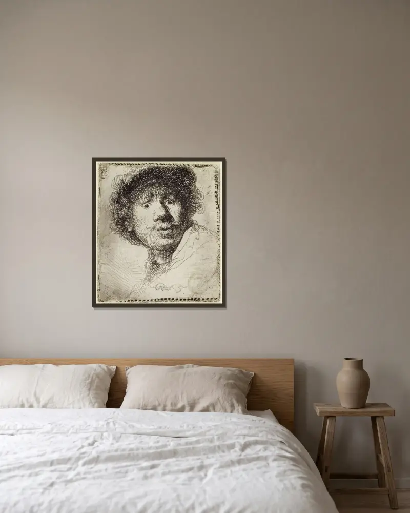Självporträtt med mössa, uppspärrade ögon och öppen mun, 1630 – nr 1 av Rembrandt van Rijn inramad på en vägg