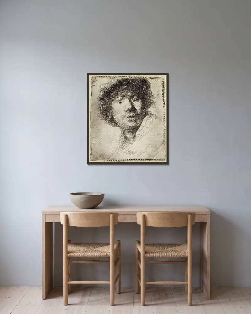 Självporträtt med mössa, uppspärrade ögon och öppen mun, 1630 – nr 1 av Rembrandt van Rijn inramad på en vägg