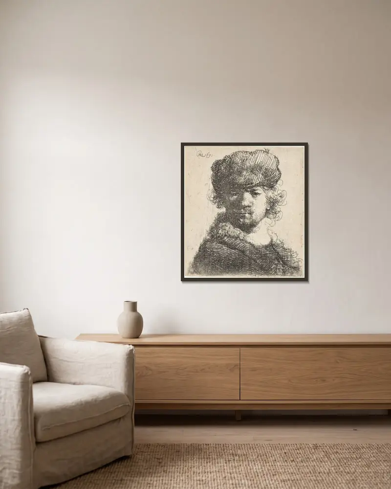 Self-Portrait in a heavy Fur Cap: Bust av Rembrandt van Rijn inramad på en vägg