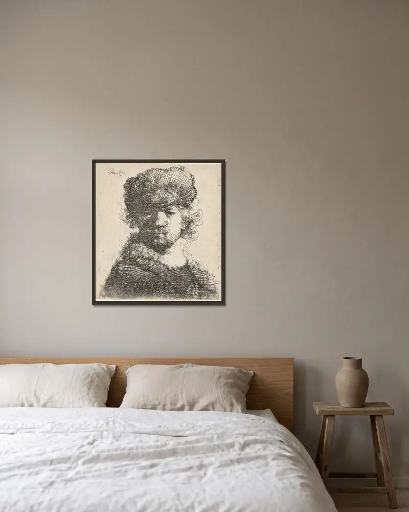 Self-Portrait in a heavy Fur Cap: Bust av Rembrandt van Rijn inramad på en vägg