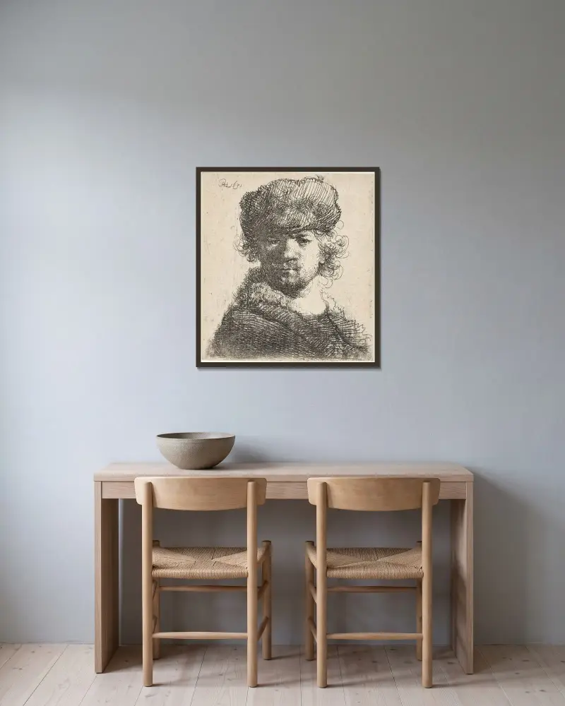 Self-Portrait in a heavy Fur Cap: Bust av Rembrandt van Rijn inramad på en vägg