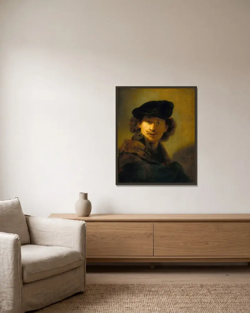 Självporträtt med sammetsbarett av Rembrandt van Rijn inramad på en vägg
