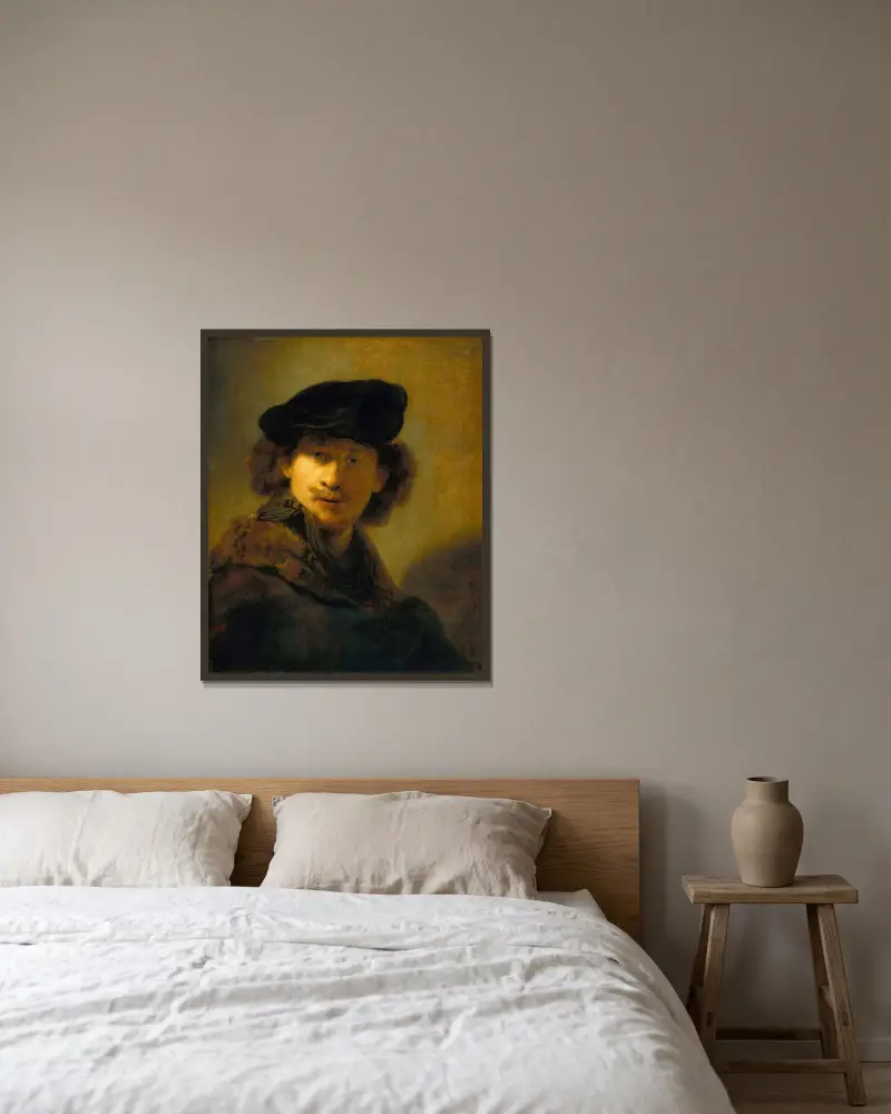 Självporträtt med sammetsbarett av Rembrandt van Rijn inramad på en vägg