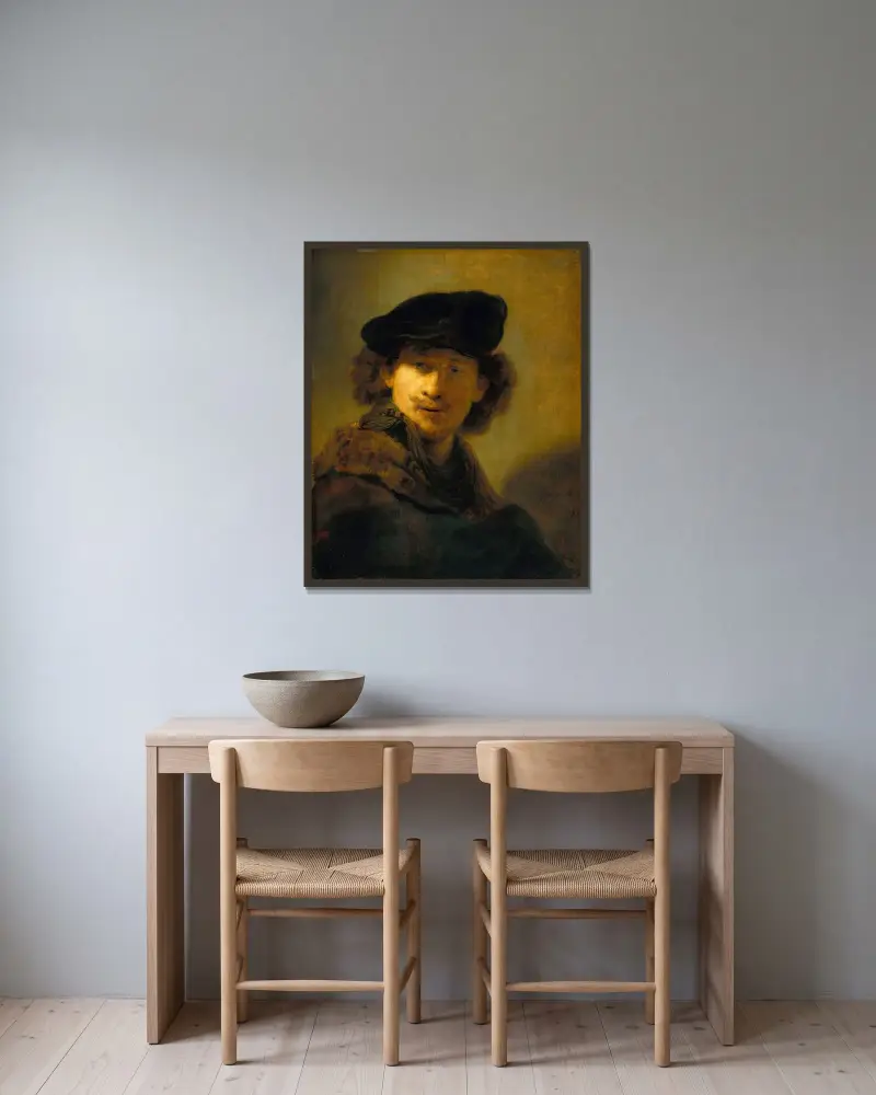 Självporträtt med sammetsbarett av Rembrandt van Rijn inramad på en vägg