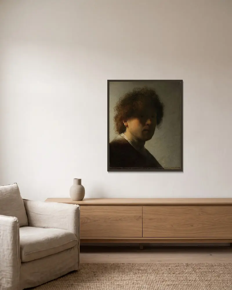 Självporträtt av Rembrandt van Rijn inramad på en vägg