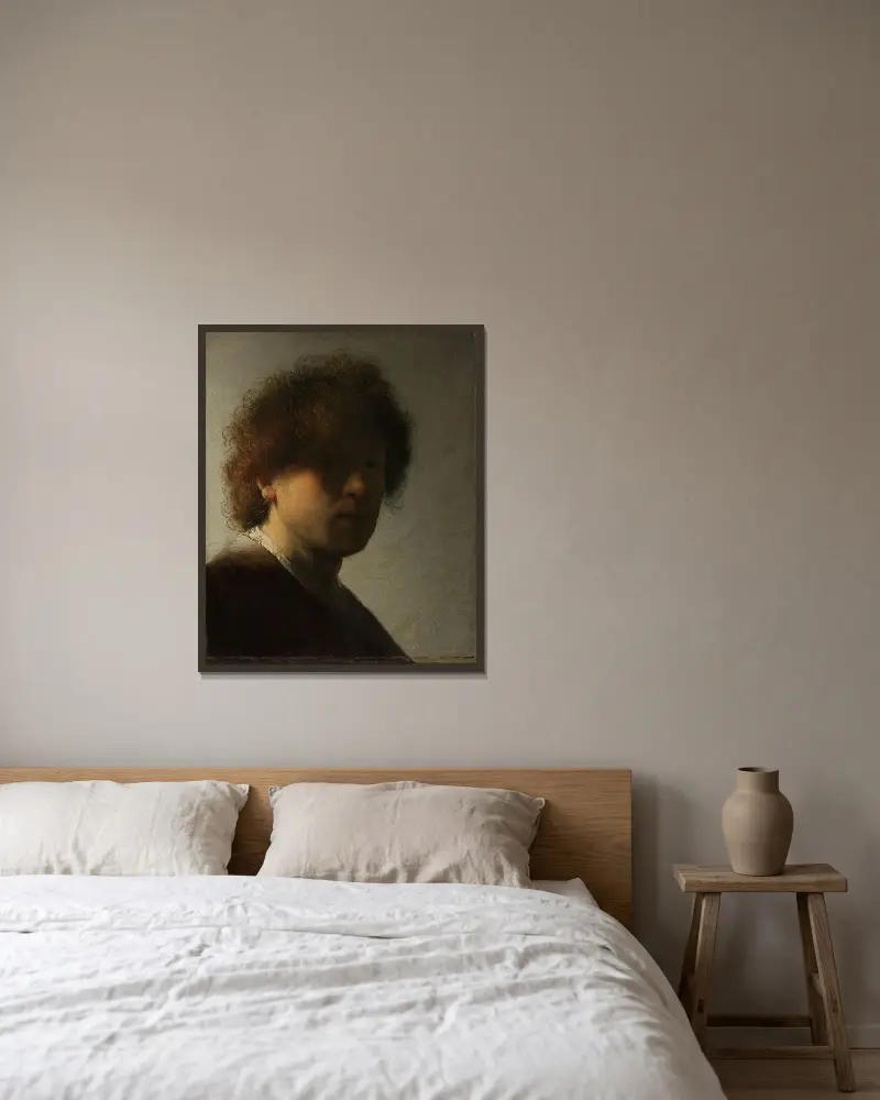 Självporträtt av Rembrandt van Rijn inramad på en vägg