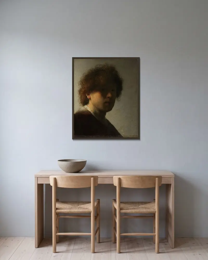 Självporträtt av Rembrandt van Rijn inramad på en vägg
