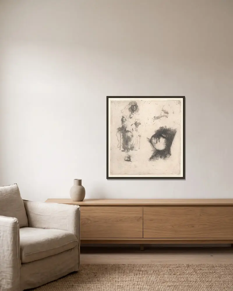 Studienblatt; Kopf des Künstlers, ein Bettlerpaar, Köpfe eines alten Mannes und einer alten Frau von Rembrandt van Rijn gerahmt an einer Wand