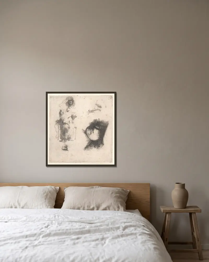 Studienblatt; Kopf des Künstlers, ein Bettlerpaar, Köpfe eines alten Mannes und einer alten Frau von Rembrandt van Rijn gerahmt an einer Wand