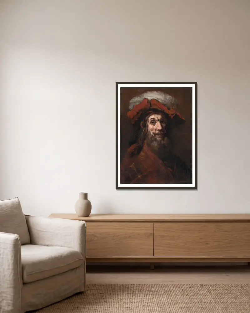 Skiss till Riddaren med falken, känd som ’Korsriddaren’ av Rembrandt van Rijn inramad på en vägg