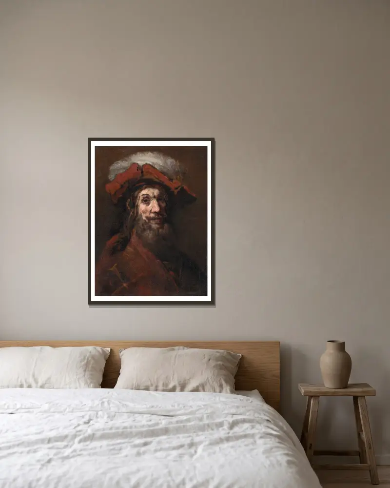 Skiss till Riddaren med falken, känd som ’Korsriddaren’ av Rembrandt van Rijn inramad på en vägg