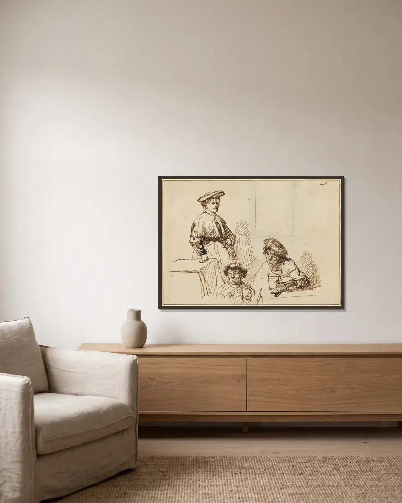 Skisser från en krog – stående kvinna och två sittande män av Rembrandt van Rijn inramad på en vägg