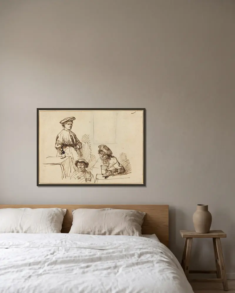 Skisser från en krog – stående kvinna och två sittande män av Rembrandt van Rijn inramad på en vägg