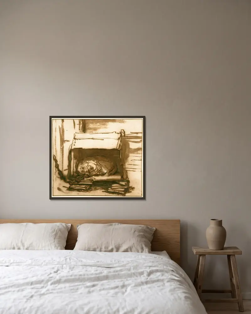 Sleeping Watchdog av Rembrandt van Rijn inramad på en vägg