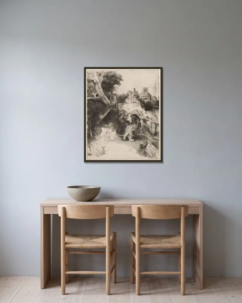 Sankt Hieronymus i ett italienskt landskap av Rembrandt van Rijn inramad på en vägg
