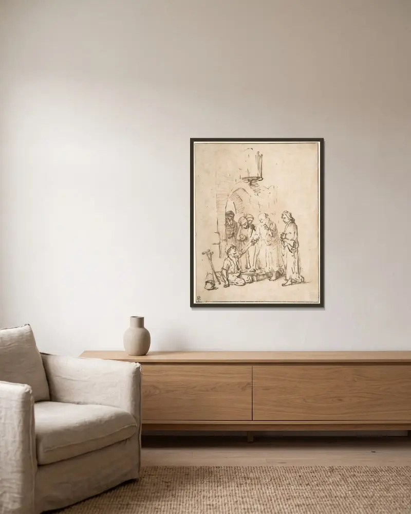 Sankt Petrus och Sankt Johannes botar den lame av Rembrandt van Rijn inramad på en vägg