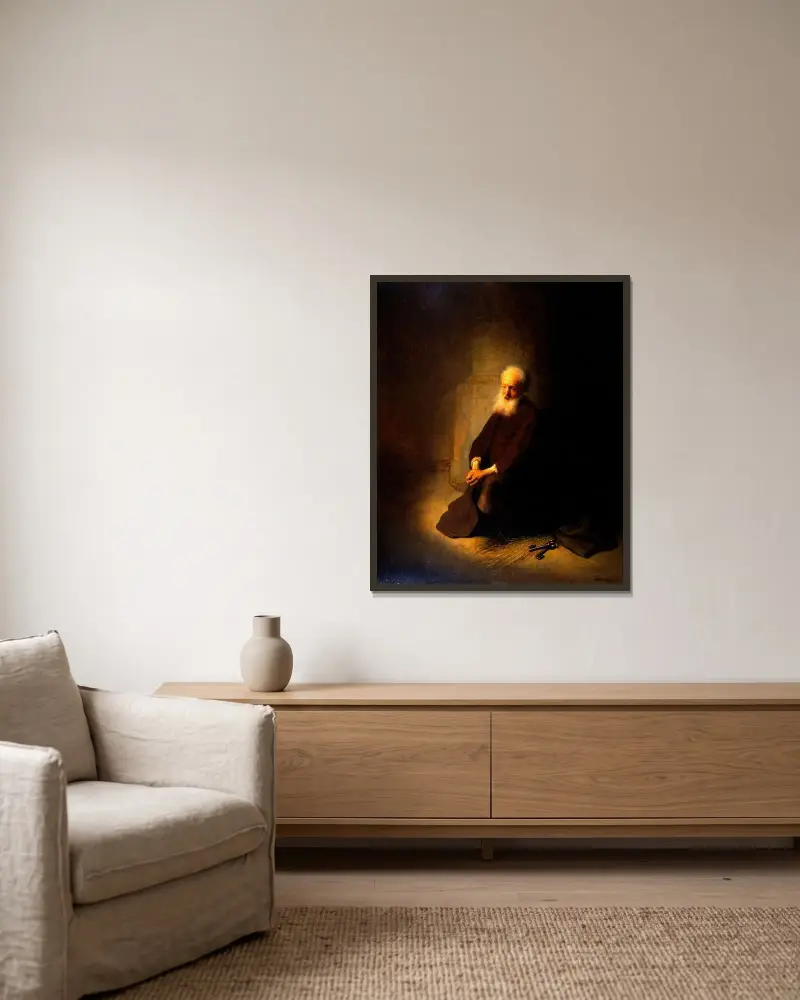 St. Peter in Prison av Rembrandt van Rijn inramad på en vägg
