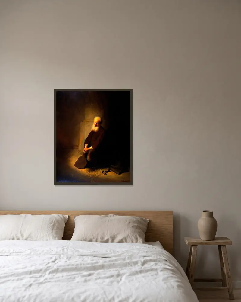 St. Peter in Prison av Rembrandt van Rijn inramad på en vägg