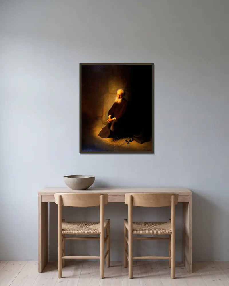 St. Peter in Prison av Rembrandt van Rijn inramad på en vägg