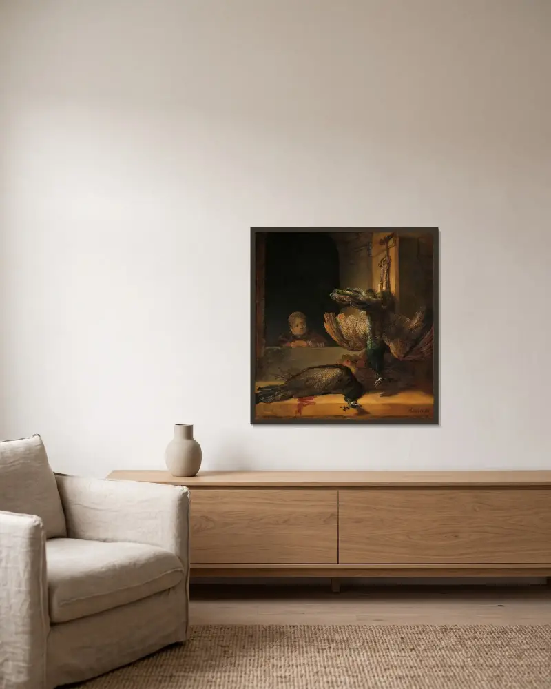 Still Life with Peacocks av Rembrandt van Rijn inramad på en vägg
