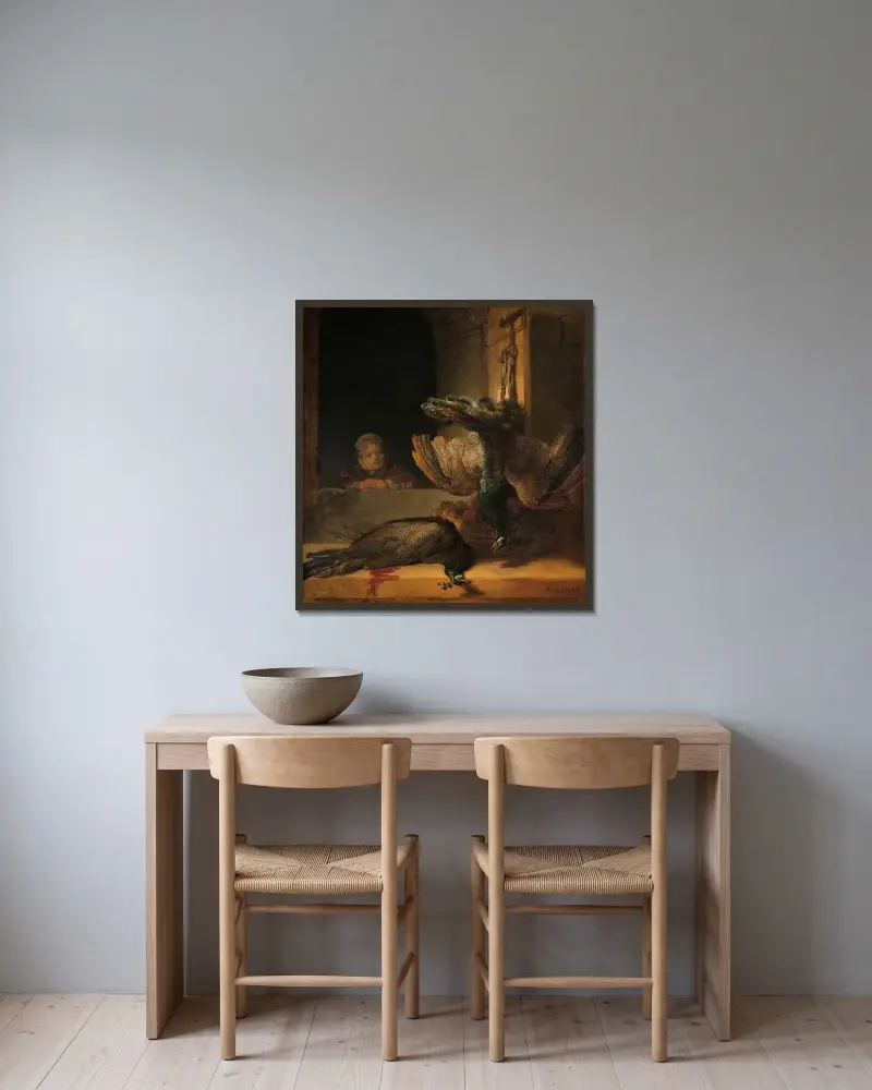 Still Life with Peacocks av Rembrandt van Rijn inramad på en vägg