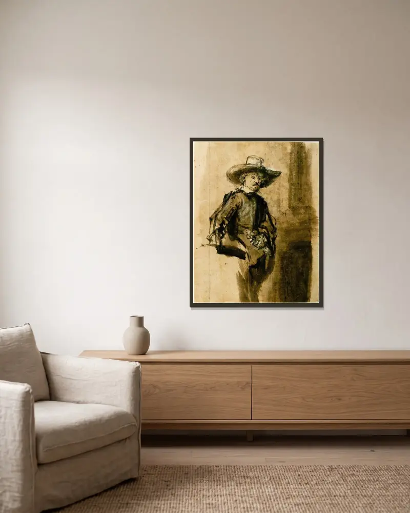 Studie för en av syndikerna, Volckert Jansz. av Rembrandt van Rijn inramad på en vägg